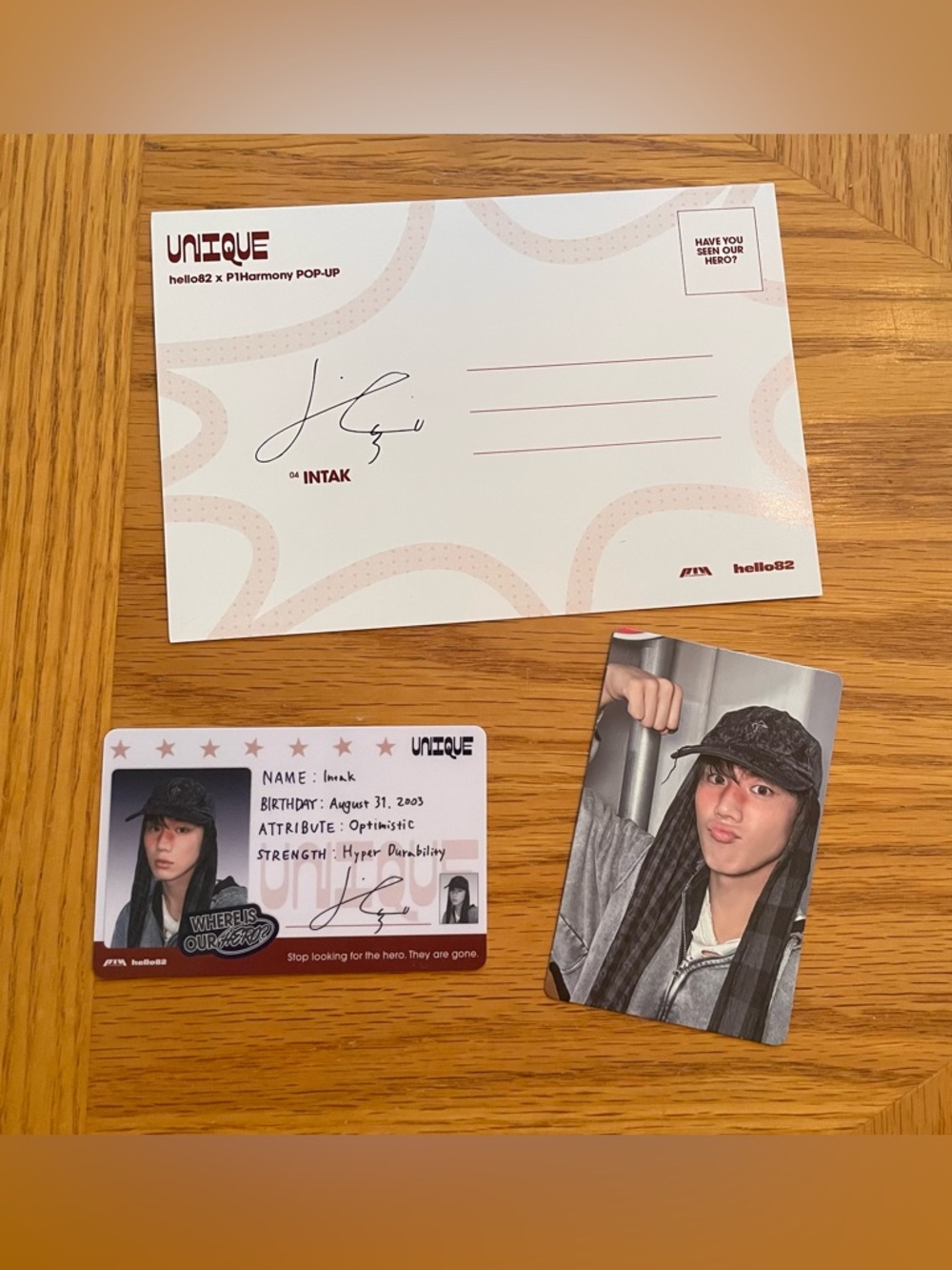 P1Harmony Intak Unique Hello82 Pop-Up Crash Out Ver. Photocard, ID, & Postcard